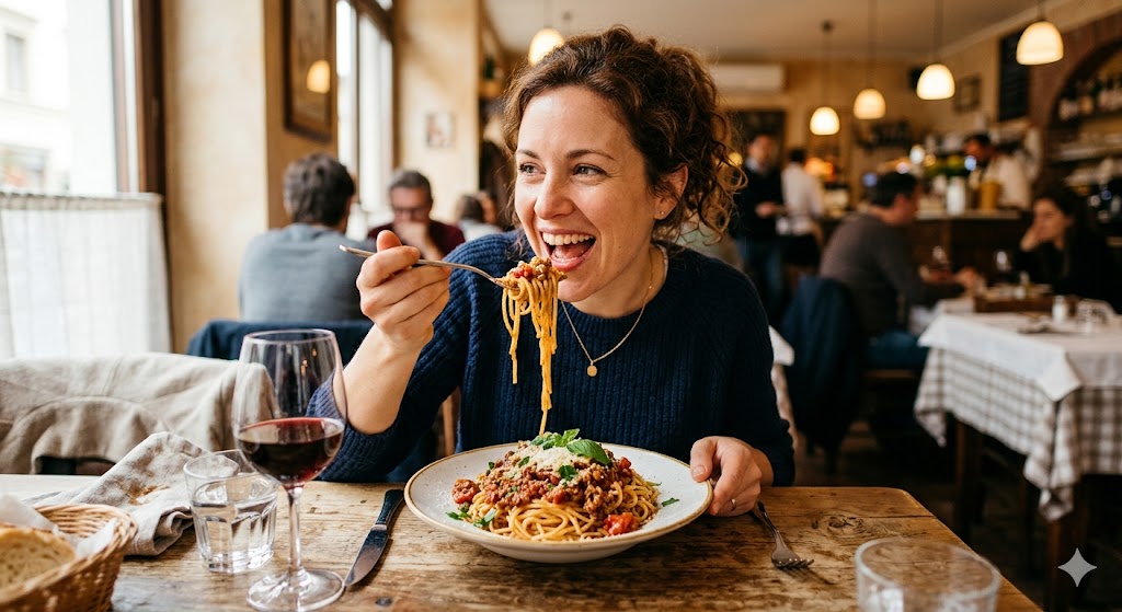 Mujer comiendo pasta